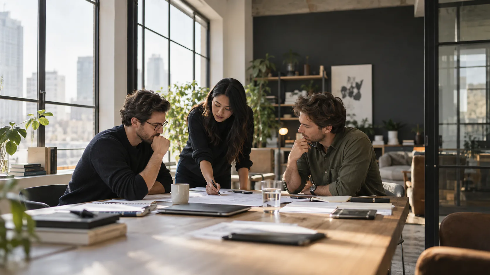 Three colleagues reviewing plans together at a conference table.
