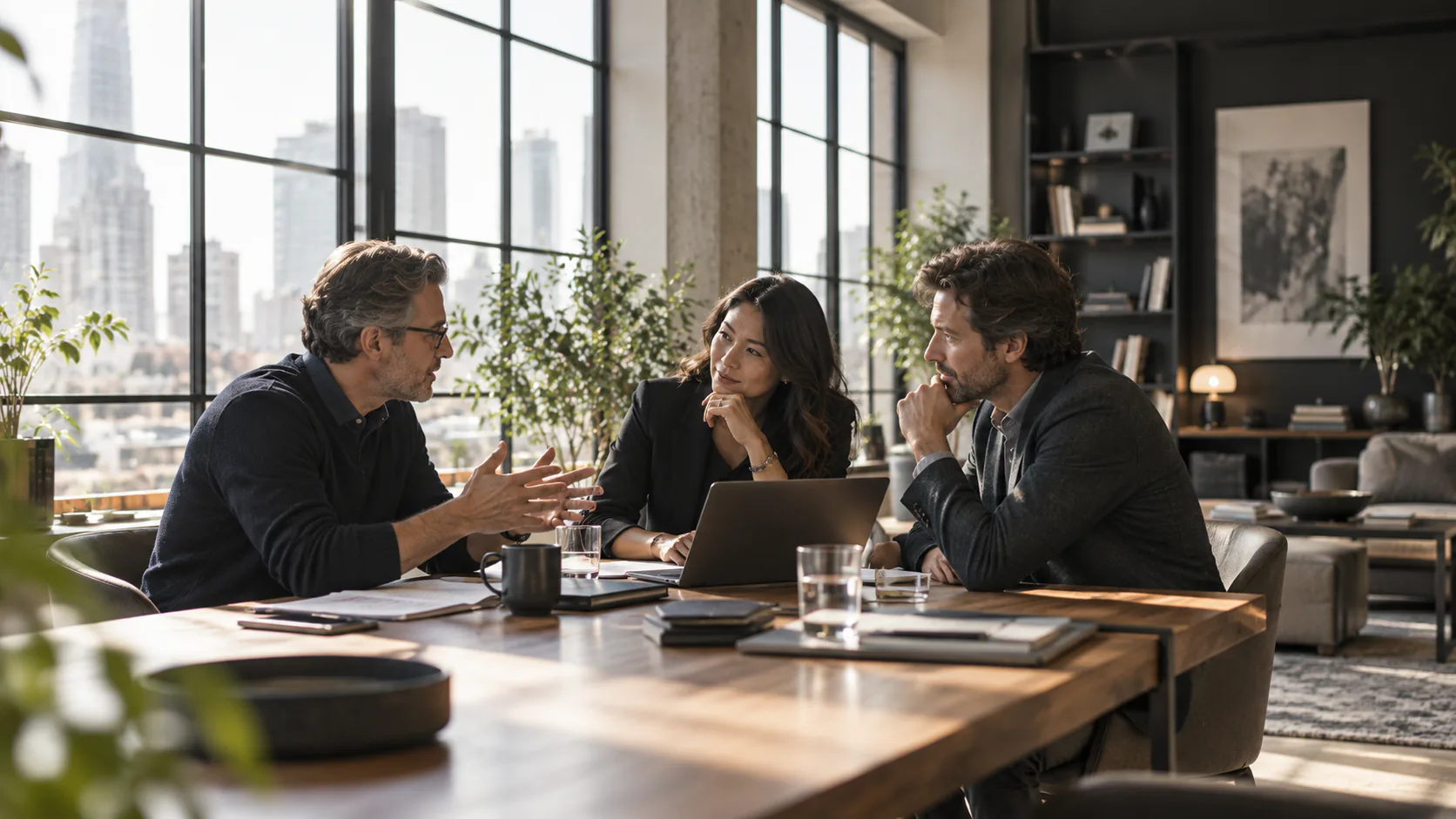 Three colleagues talking together around a table in a bright office.