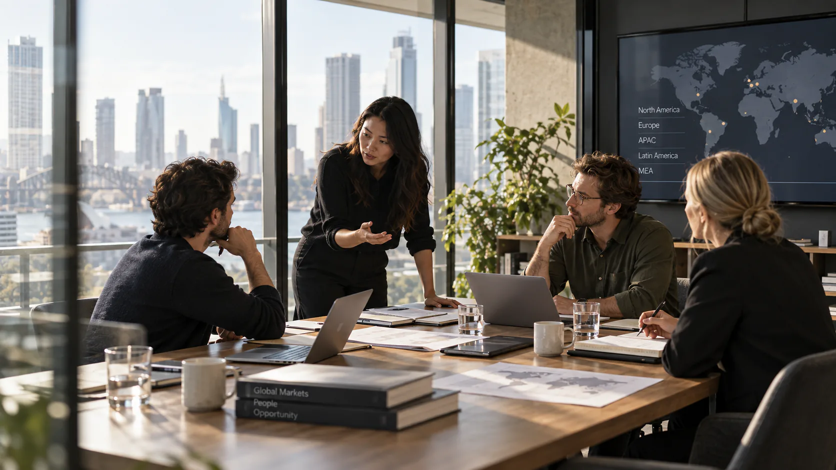 A team meeting beside a screen showing markets across the world.
